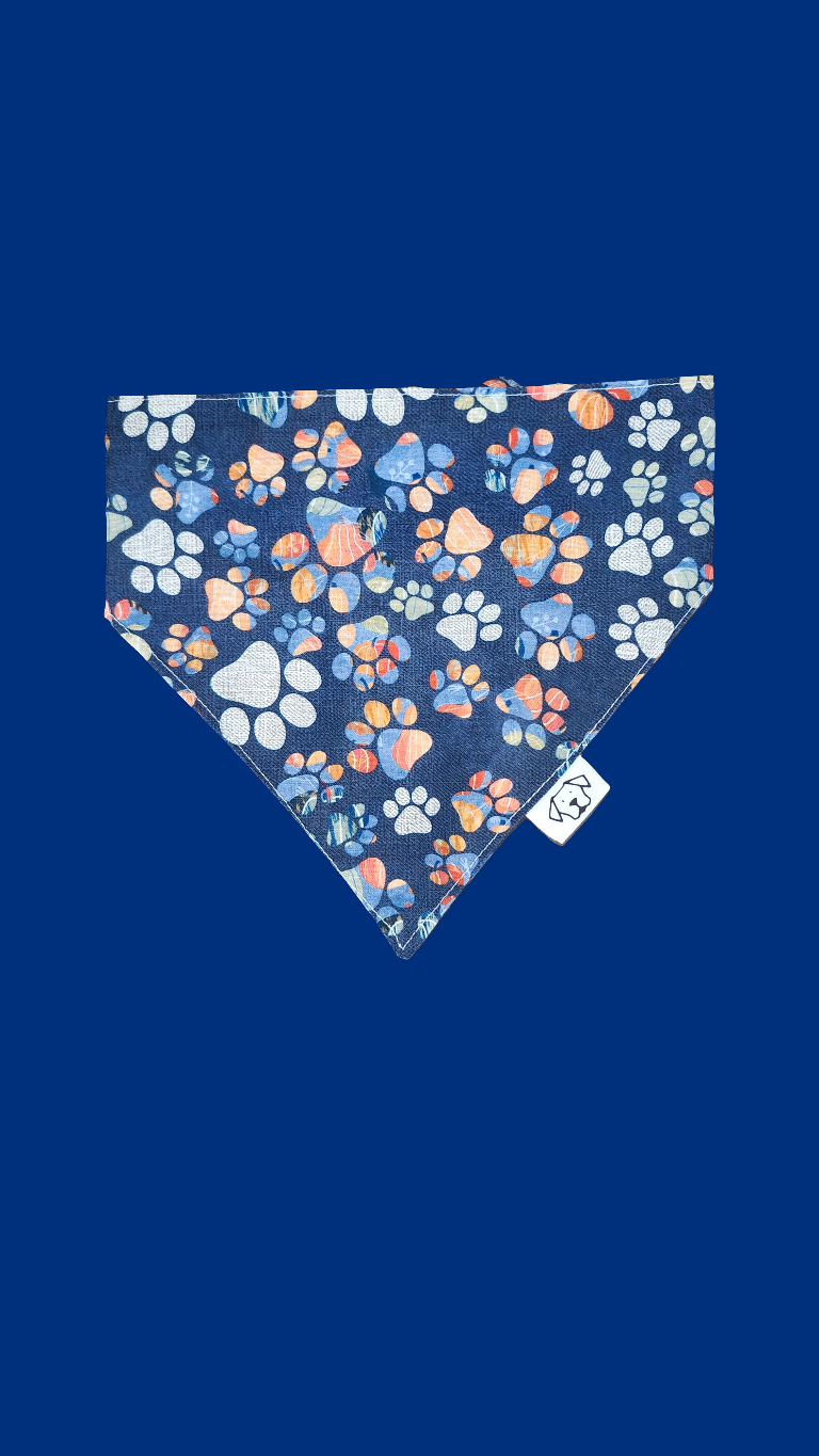 Large Bandana - Blue/Multicolored Paw Print Pattern