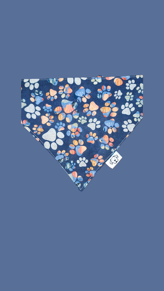 Large Bandana - Blue/Multicolored Paw Print Pattern